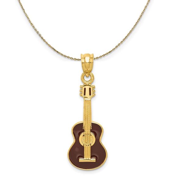 14k Yellow Gold Black Enameled Acoustic Guitar Necklace - 30 Inch